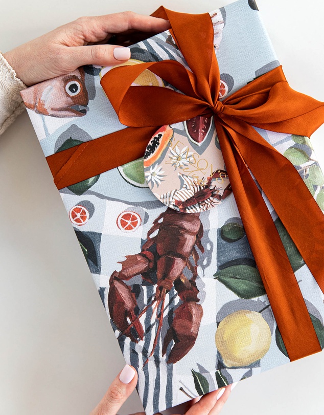 Bespoke Letterpress - Gift Wrap - Fish & Citrus / Red Gingham - Double Sided 6pk