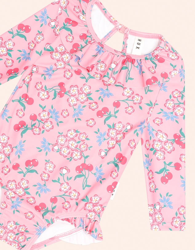 Huxbaby - Tropical Cherry Floral Frill Neck Swimsuit - Babies-Teens