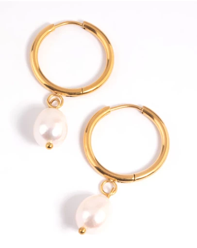 Lovisa - Waterproof Gold Plated Stainless Steel Freshwater Pearl Thin Huggie Hoop Earrings