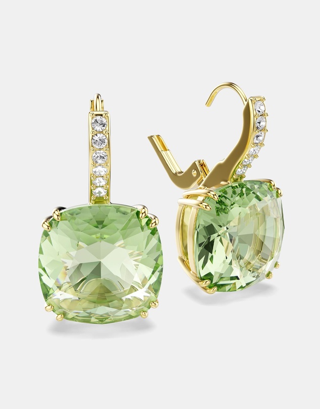 Swarovski - Millenia Drop Earrings, Cushion Cut, Green, 18K Gold Finish