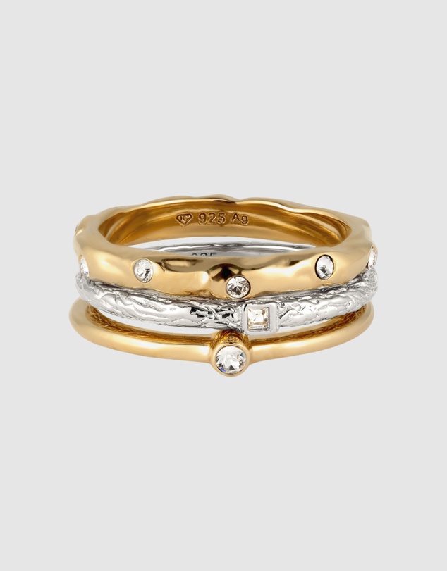 Elli Jewelry - Ring Set of 3 Bicolor Crystal 925 Sterling Silver Gold-Plated
