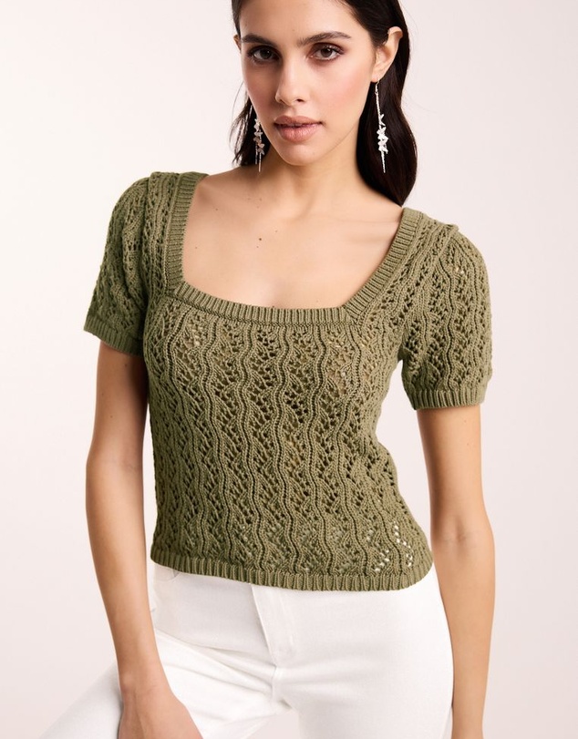 NEXT - Square Neck Stitch Detail Short Sleeve Knitted Top