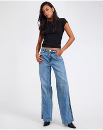 ONE TEASPOON - Low Riders Low Waist Wide Leg Zipped Denim Jeans - Pretty Blue