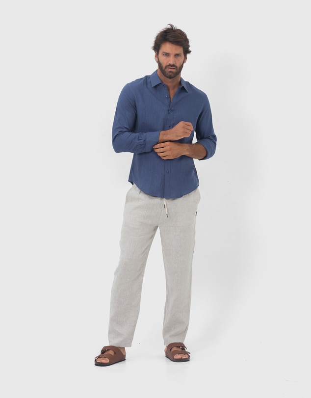 Coast Clothing - Long Sleeve Linen Shirt: Indigo Blue