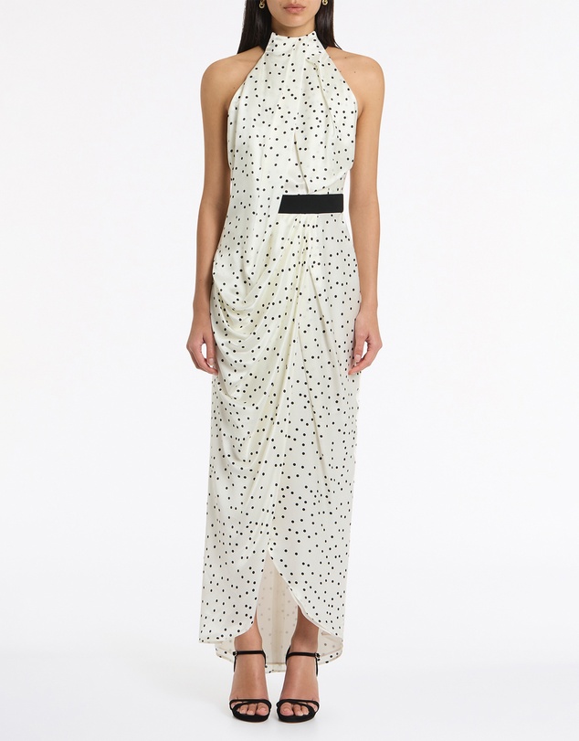 Carla Zampatti - Monochrome Dot Silk Viscose Halter Draped Gown