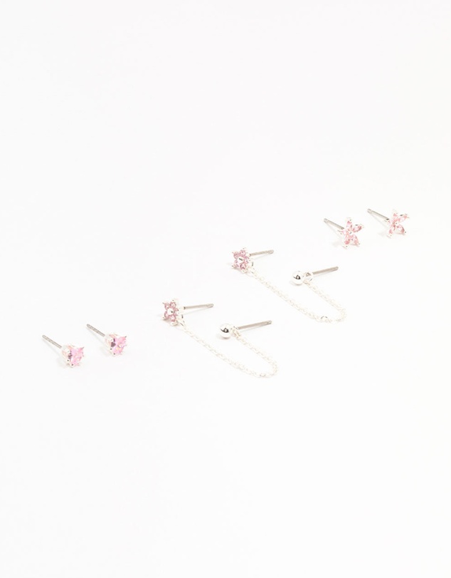 Lovisa - Silver Plated Brass Heart Flower Chain Earrings 3-Pack
