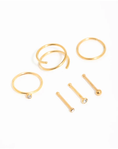 Lovisa - Gold Plated Surgical Steel Cubic Zirconia Bezel Nose Piercings 6-Pack