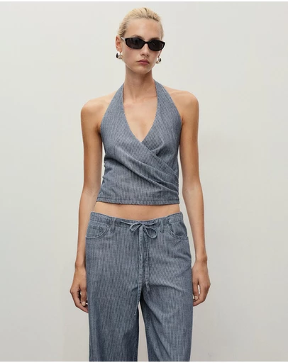 M.N.G - Striped Crossover Denim Top