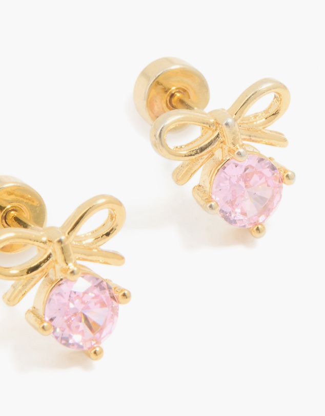 Lovisa - Kids Gold Plated Surgical Steel Pink Cubic Zirconia Bow Flat Back Earrings