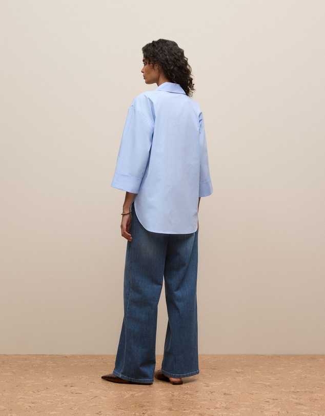 Trenery - Yarn Dyed Cotton Poplin Half Sleeve Shirt in Sky