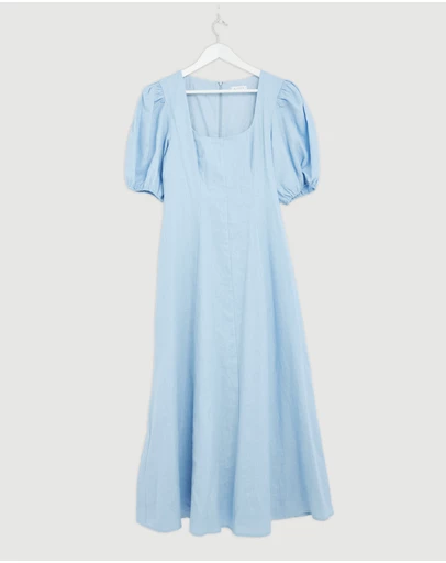 Revibe - Repaired AERE Portia Linen Puff Sleeve Midi Dress - AU 12