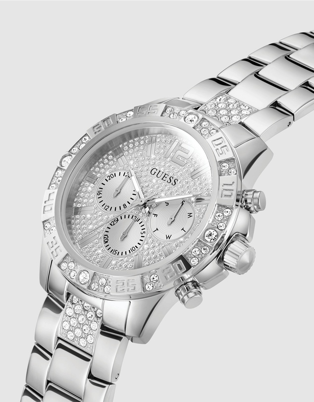 GUESS - Silver-Tone Multi-function Men's 48mm Silver Dial with Crystals on Bezel Watch