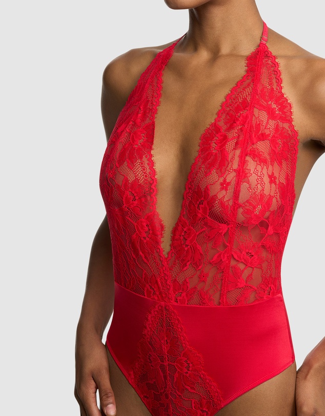 Natori - Fleur Thong Cut Halter Lace Lingerie Bodysuit