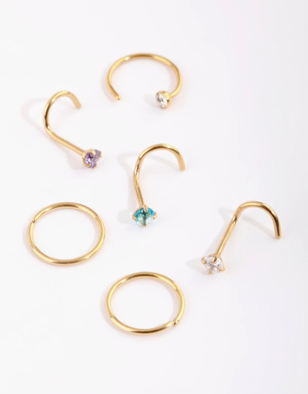 Lovisa - Gold Plated Surgical Steel Pastel Diamante Nose Stud 6-Pack