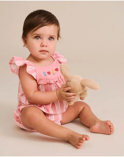 Huxbaby - Floral Embroidery Stripe Playsuit - Babies