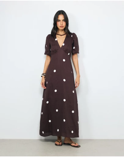 AERE - Tia Polka Dot Linen Midi Dress