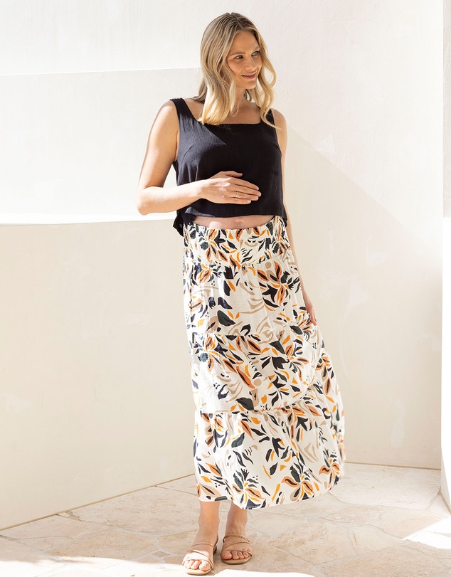 Angel Maternity - Ellie Maternity Shirred Maxi Skirt in Orange Leaf
