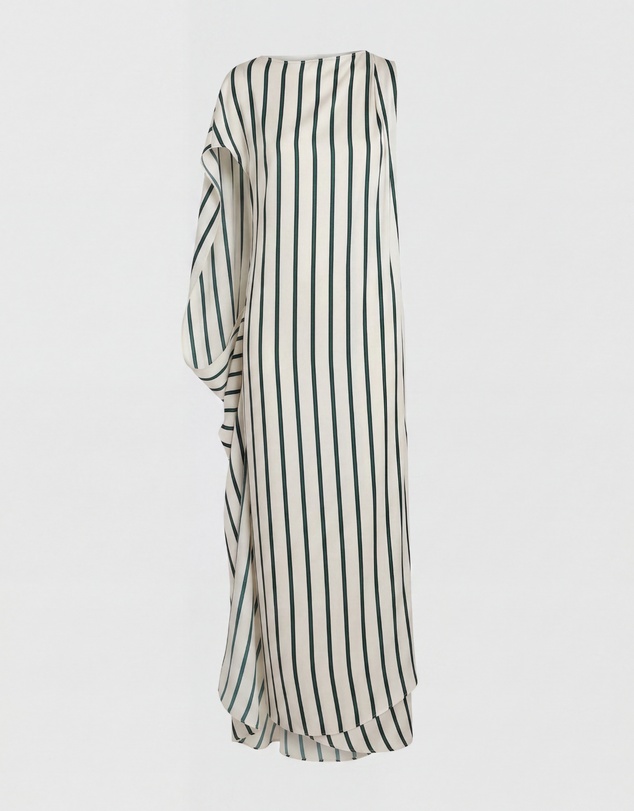 BONDI BORN - Cannes Silk Asymmetric Maxi Dress - Forest Stripe