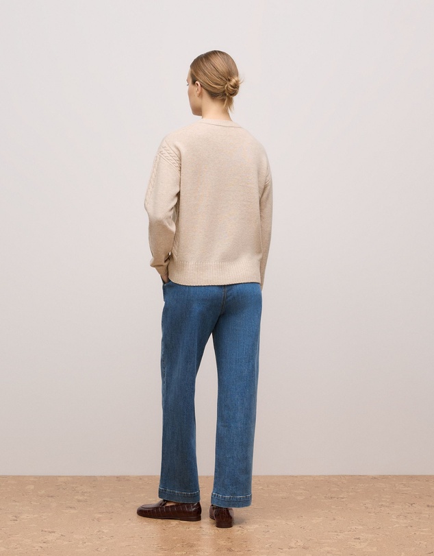 Trenery - Wool Cashmere Cable Detail Crew in Oat Marle
