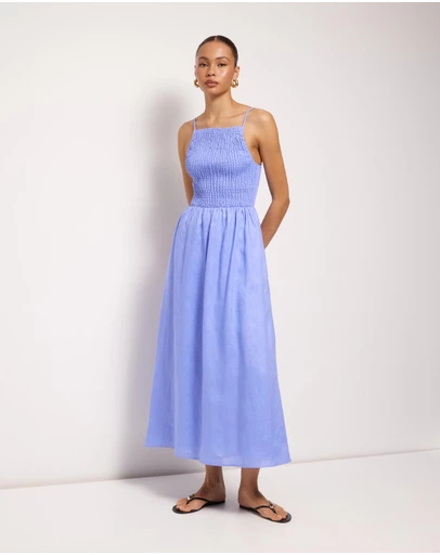 AERE - Olie Shirred Linen Midi Dress