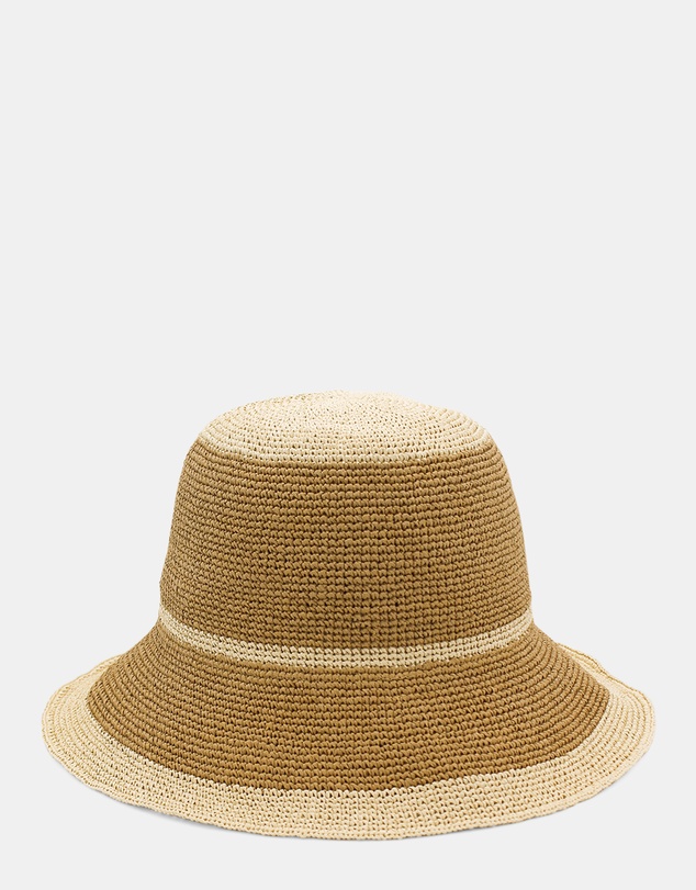 Morgan & Taylor - Stella Crochet Straw Bucket Hat in Tan Brown and Beige Stripe