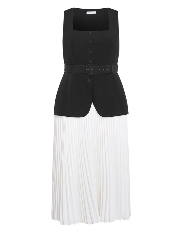 City Chic - Plus size Chiara Vest Pleat Dress - black ivory