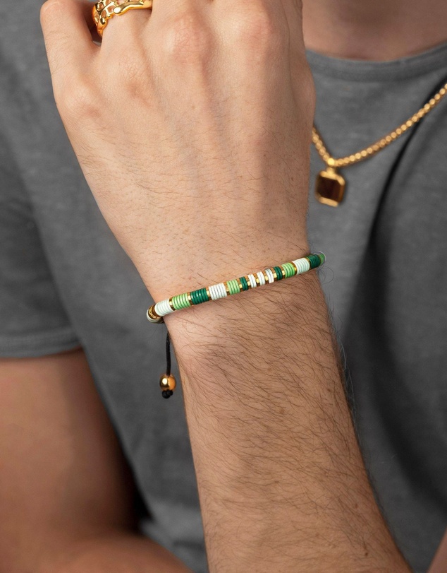 Nialaya Jewellery - Men's Beaded Bracelet with Green and Gold Disc Beads