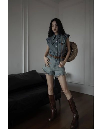 Glamorous - Stand collar pocket belt denim vest