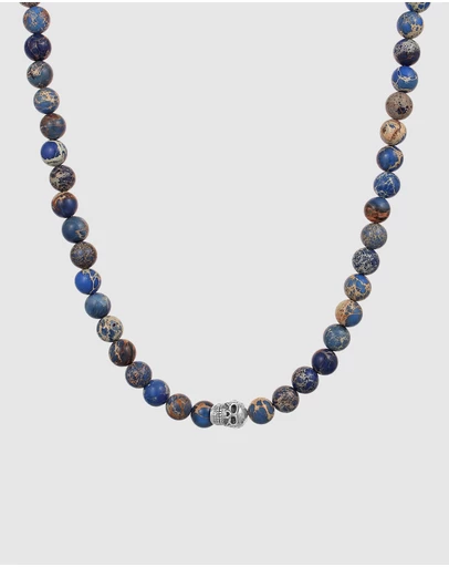 Kuzzoi - ICONIC EXCLUSIVE - Agate Bead Necklace with Skull in Oxidised 925 Sterling Silver