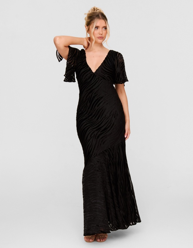 Six Stories - Animal Devore Flutter Sleeve Maxi Dress