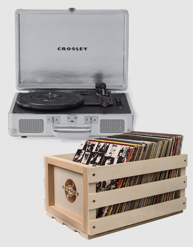 Crosley - Crosley Cruiser Bluetooth Portable Turntable - Silver + Bundled Crosley Record Storage Crate