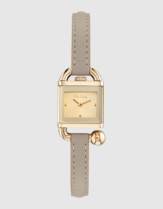 Furla - Mianuvola Square Yellow Gold-Tone Grey Leather Strap Watch