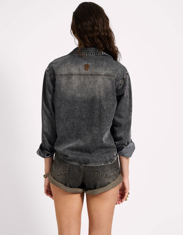 ONE TEASPOON - Nixie Eyelet Classic Fit Denim Shirt - Charcoal Black
