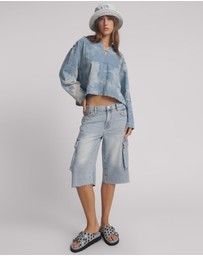 ONE TEASPOON - Skater Girl Low Waist Super Long Leg Denim Jorts - Soft Blue