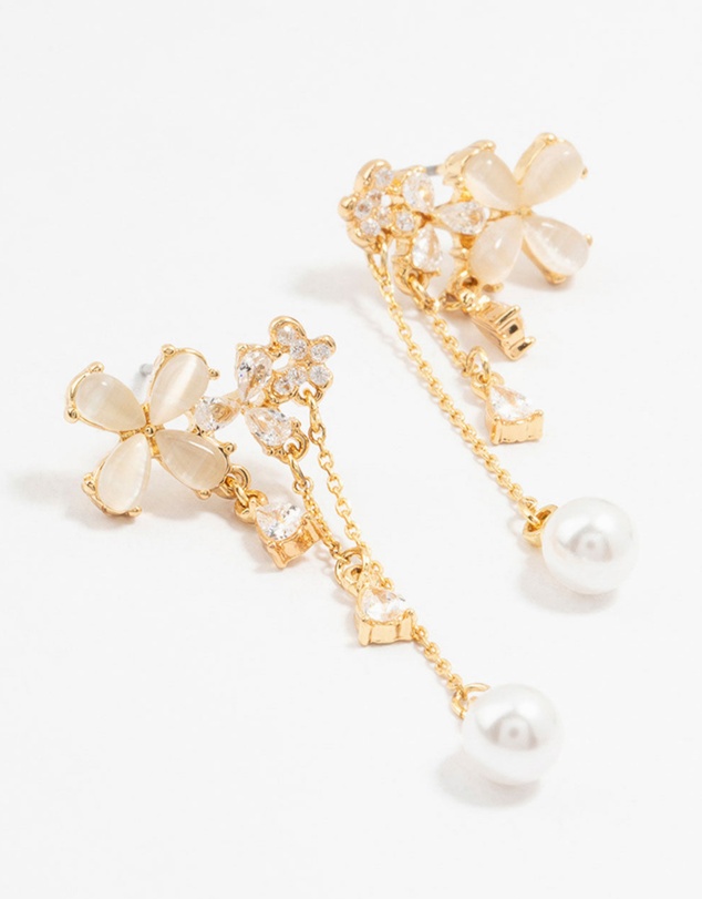 Lovisa - Gold Plated Flowers, Pearls & Pear Cubic Zirconia Drop Earrings