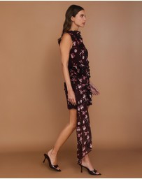 Six Stories - Floral Coursage Ruched Mini Dress with Drape