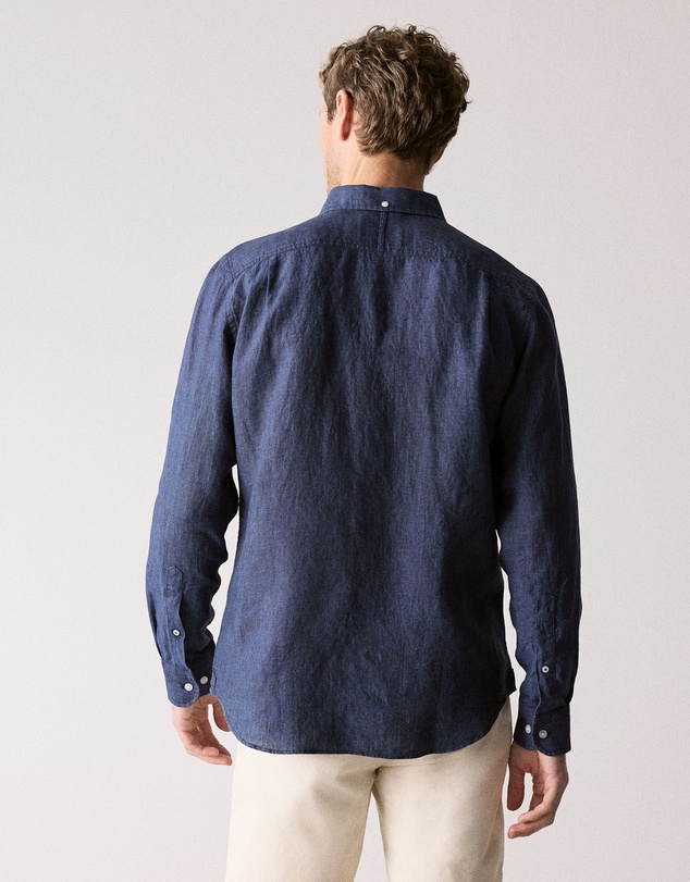 Trenery - Regular Fit Delave Linen Long Sleeve Shirt in French Navy