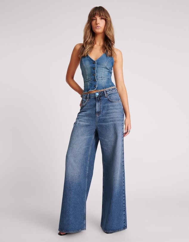 ONE TEASPOON - Love Machines Mid Waist Super Wide Leg Denim Jeans - Blue Thunder