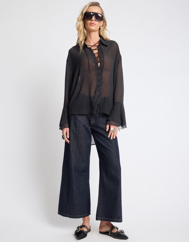 ONE TEASPOON - Hayden Mid Waist Wide Leg Cropped Denim Jeans - Raw Indigo