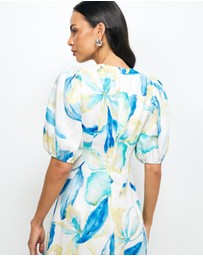 AERE - Kira Puff Sleeve Linen Midi Dress