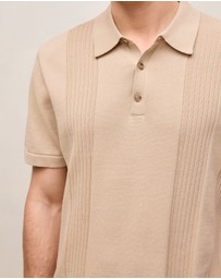 Trenery - Mercerised Cotton Rib Detail Knit Polo in Sand