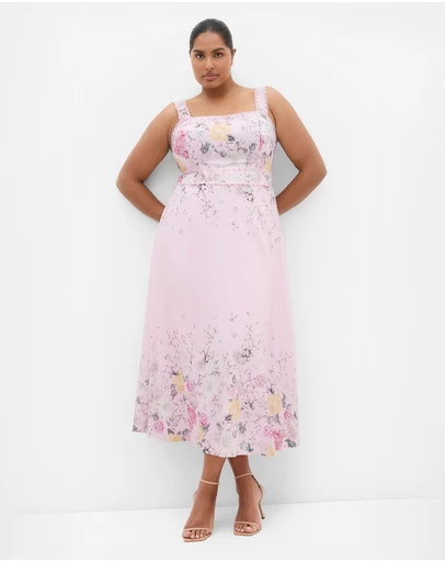 City Chic - Plus size Chelsea Botanical Border Print Maxi Dress - soft pink