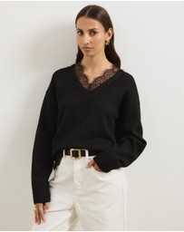 Atmos&Here - Teo V-Neck Knit Jumper With Lace Trim
