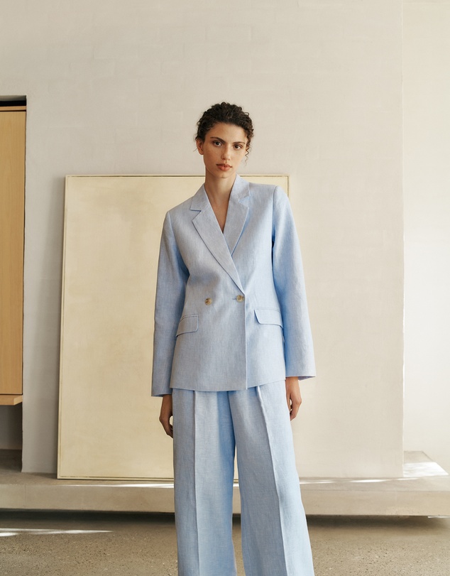 Trenery - Yarn Dyed Linen Double Breasted Blazer in Blue Marble