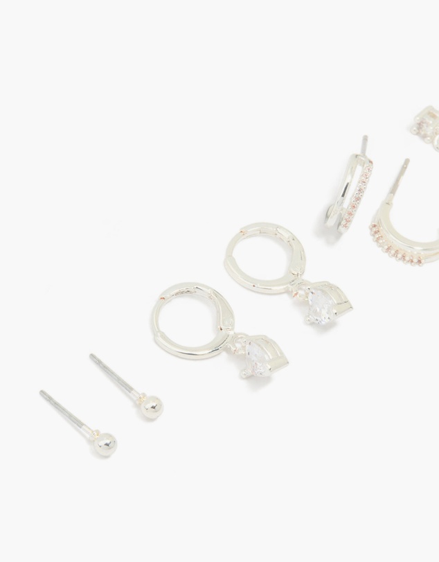 Lovisa - Silver Plated Brass Cubic Zirconia Heart Huggie & Stud Earrings 4-Pack
