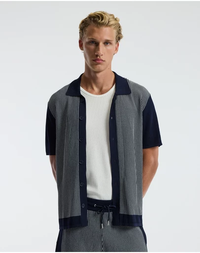 Calibre - Panelled Stripe Knit Shirt Navy