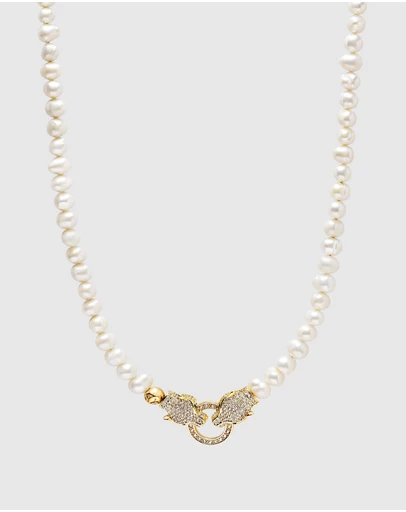 Nialaya Jewellery - Pearl Choker with Double Panther Head in Gold