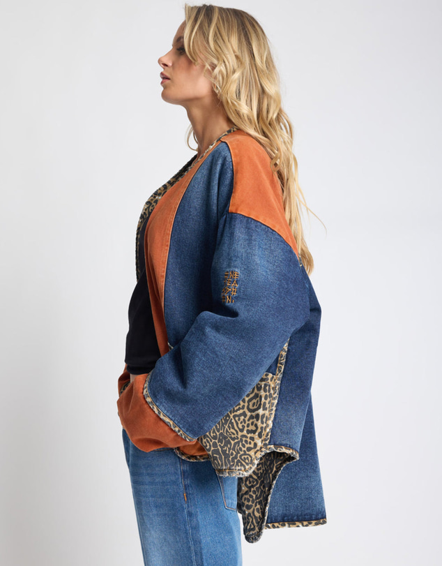 ONE TEASPOON - Bang Bang Reversible Colour Blocked Denim Wadded Jacket - Animal Blue Rust