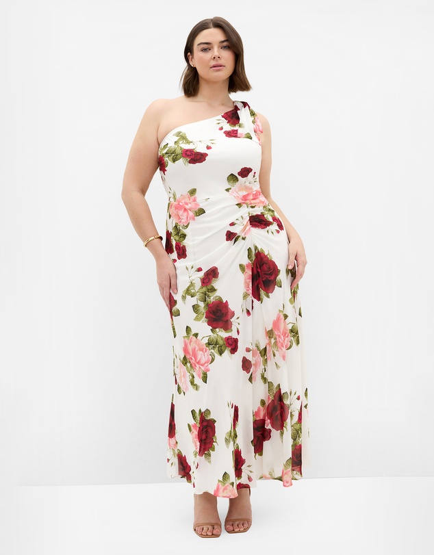 City Chic - Plus size Soiree Print One Shoulder Maxi Dress - ivory