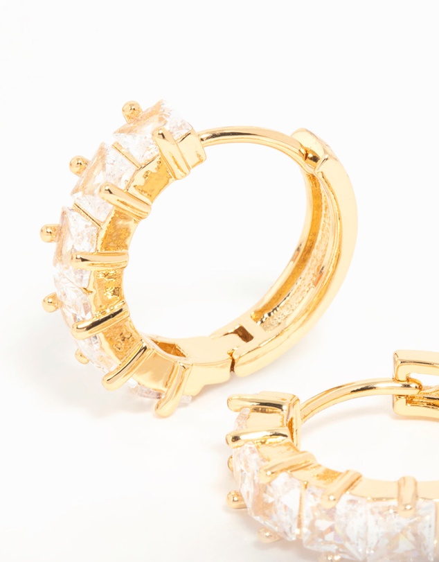 Lovisa - Gold Plated Brass Cubic Zirconia Baguette Medium Huggie Earrings
